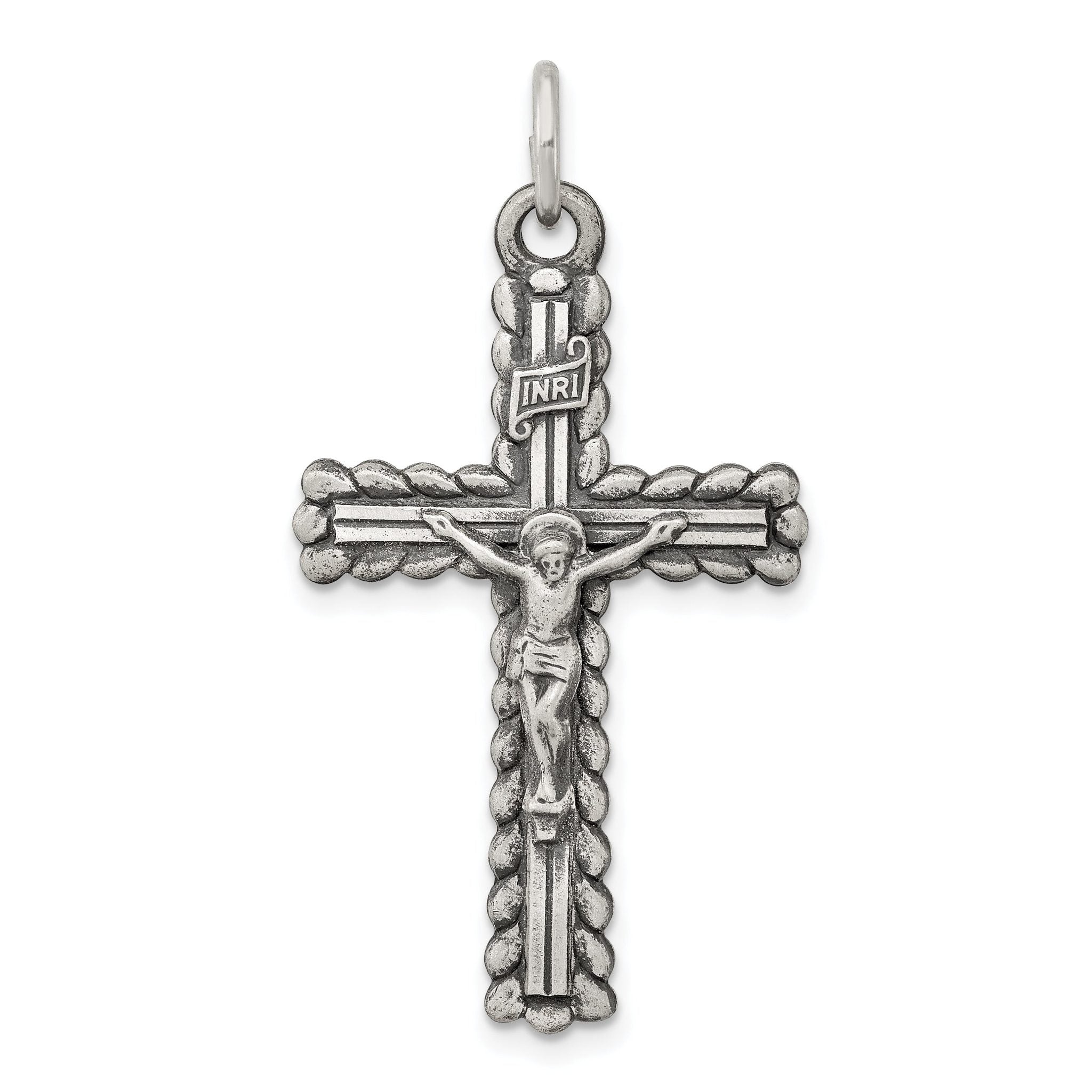 Sterling Silver 925 INRI Crucifix Pendant with Antiqued Polished Finish