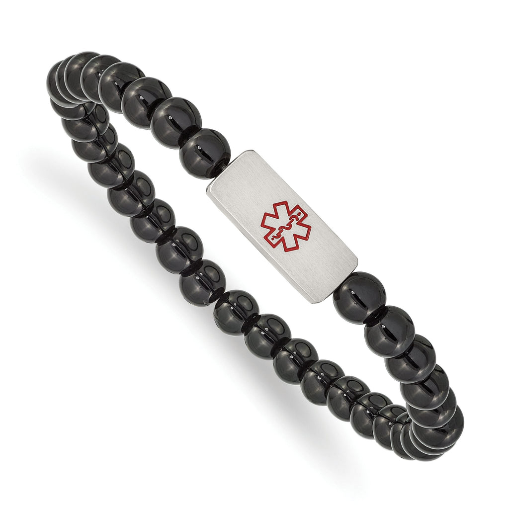 Stainless Steel Brushed with Red Enamel Medical ID 6mm Onyx Beaded Stretch Bracelet