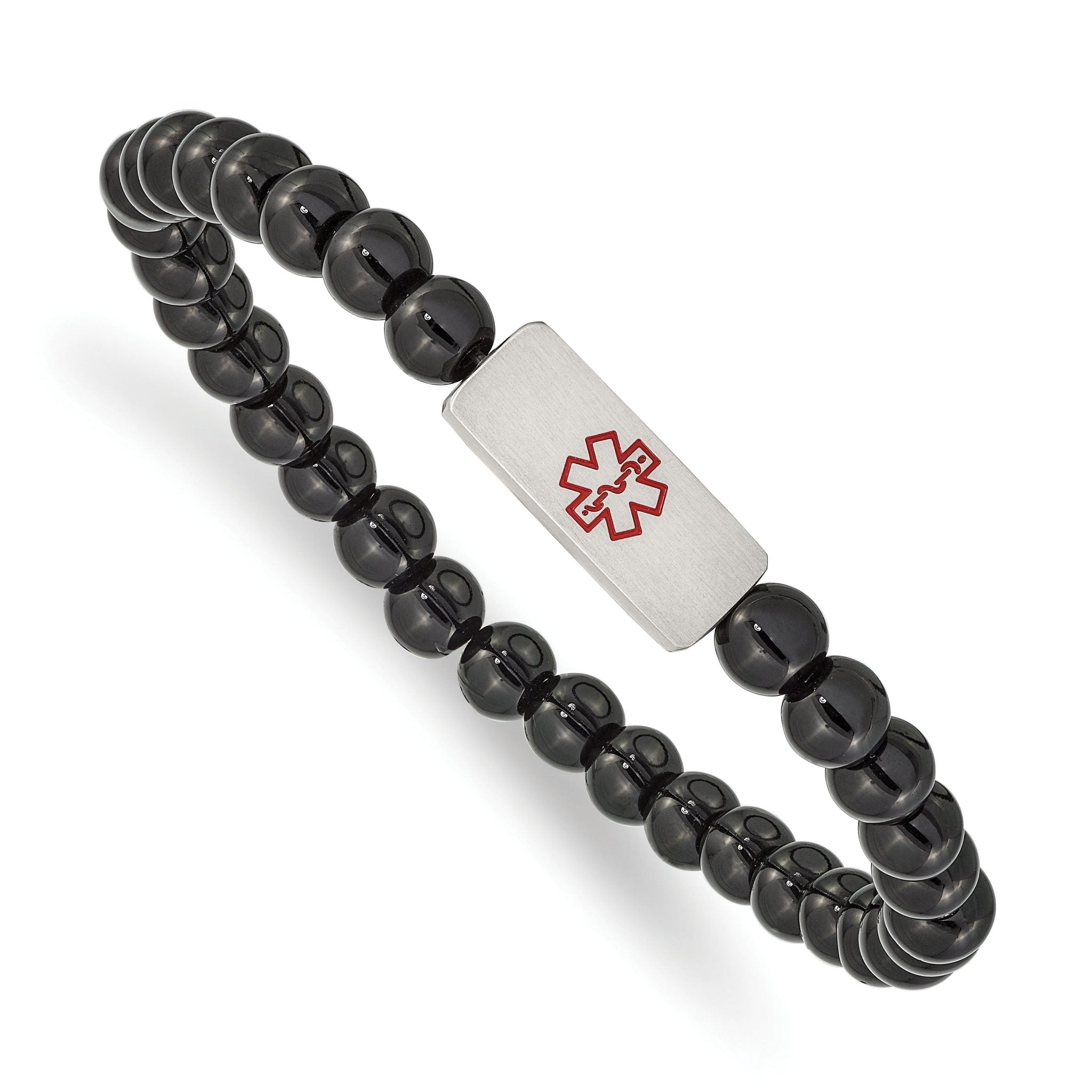 Stainless Steel Brushed with Red Enamel Medical ID 6mm Onyx Beaded Stretch Bracelet
