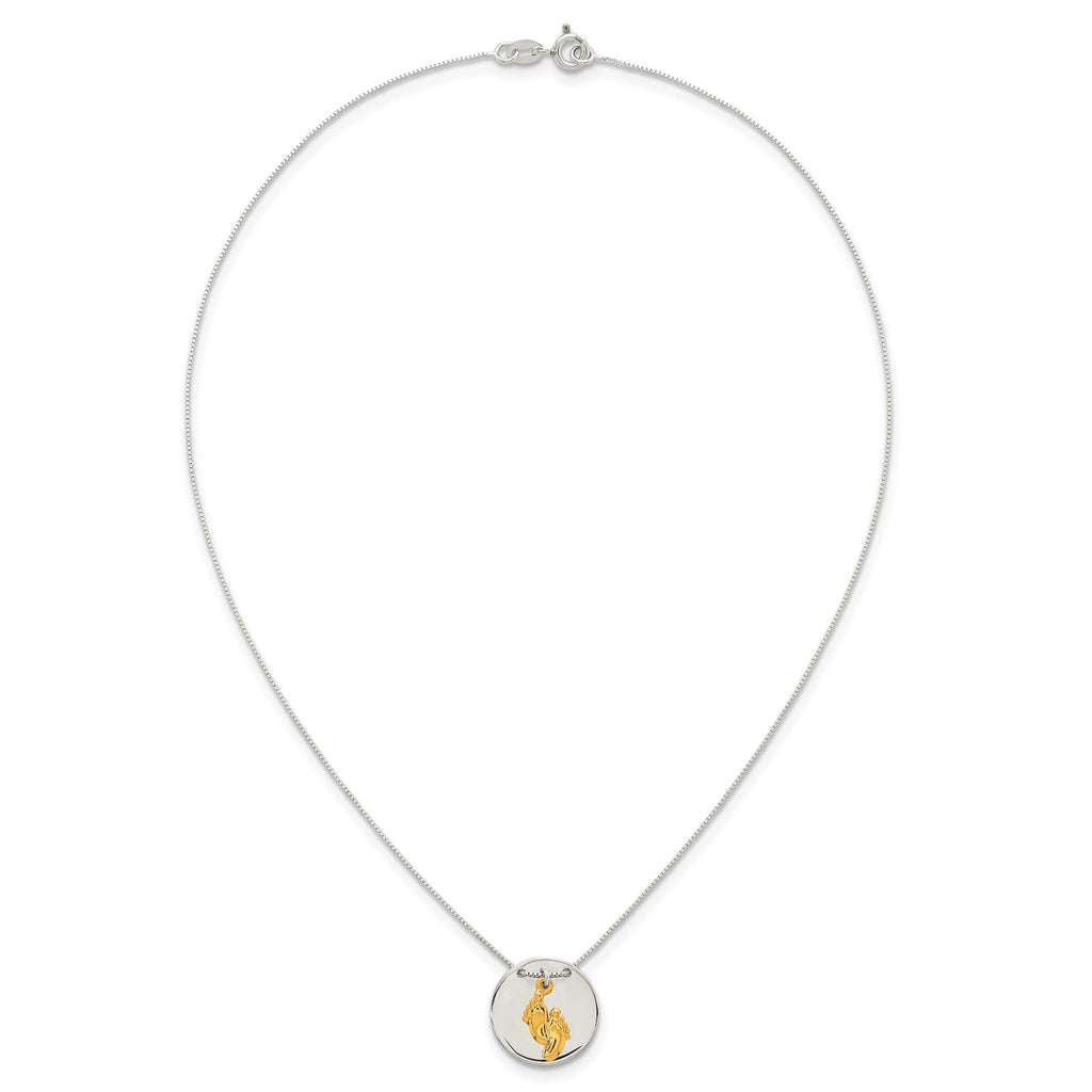 Sterling Silver with Gold-tone Polished Footprint Dangle on Disc 16 inch Necklace