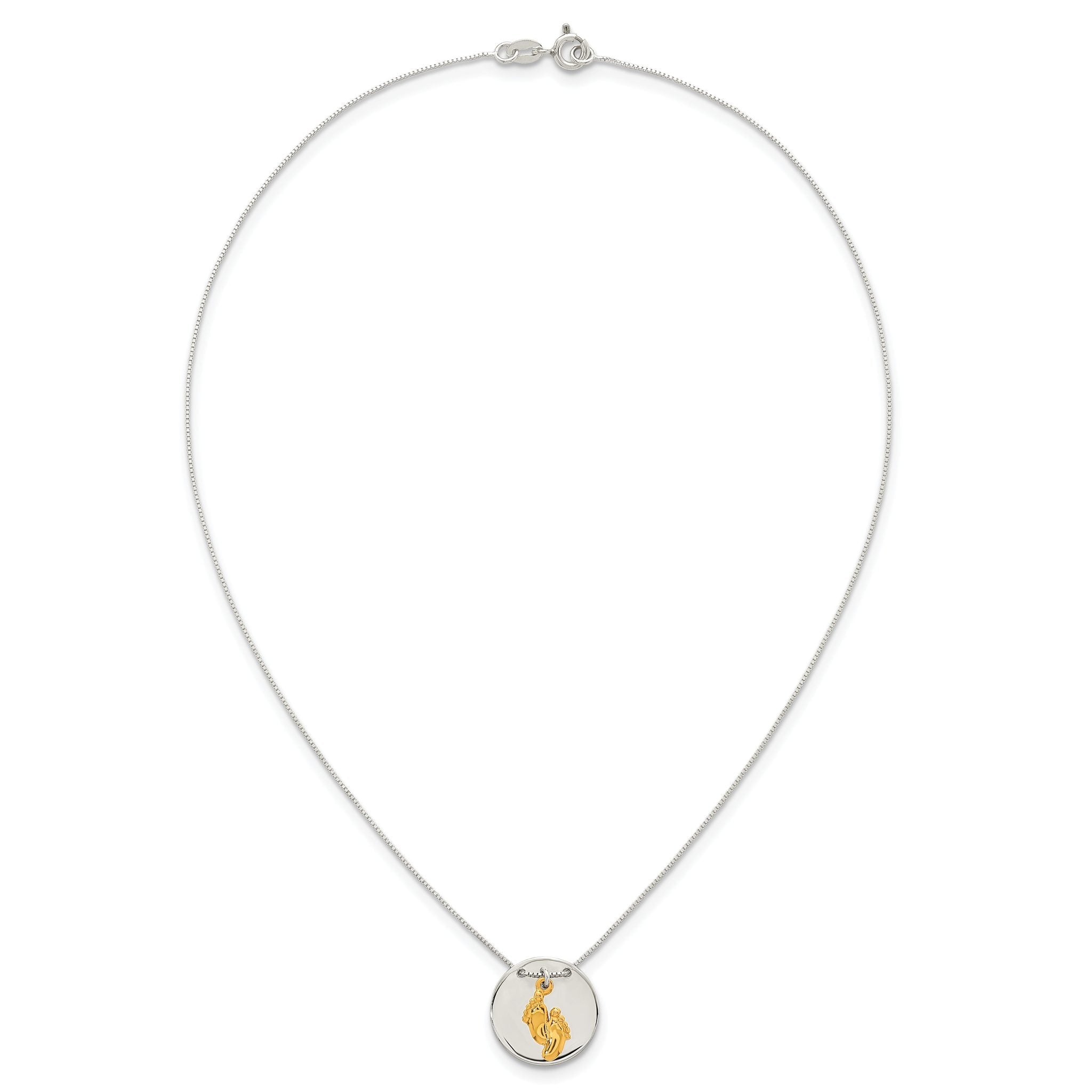 Sterling Silver with Gold-tone Polished Footprint Dangle on Disc 16 inch Necklace