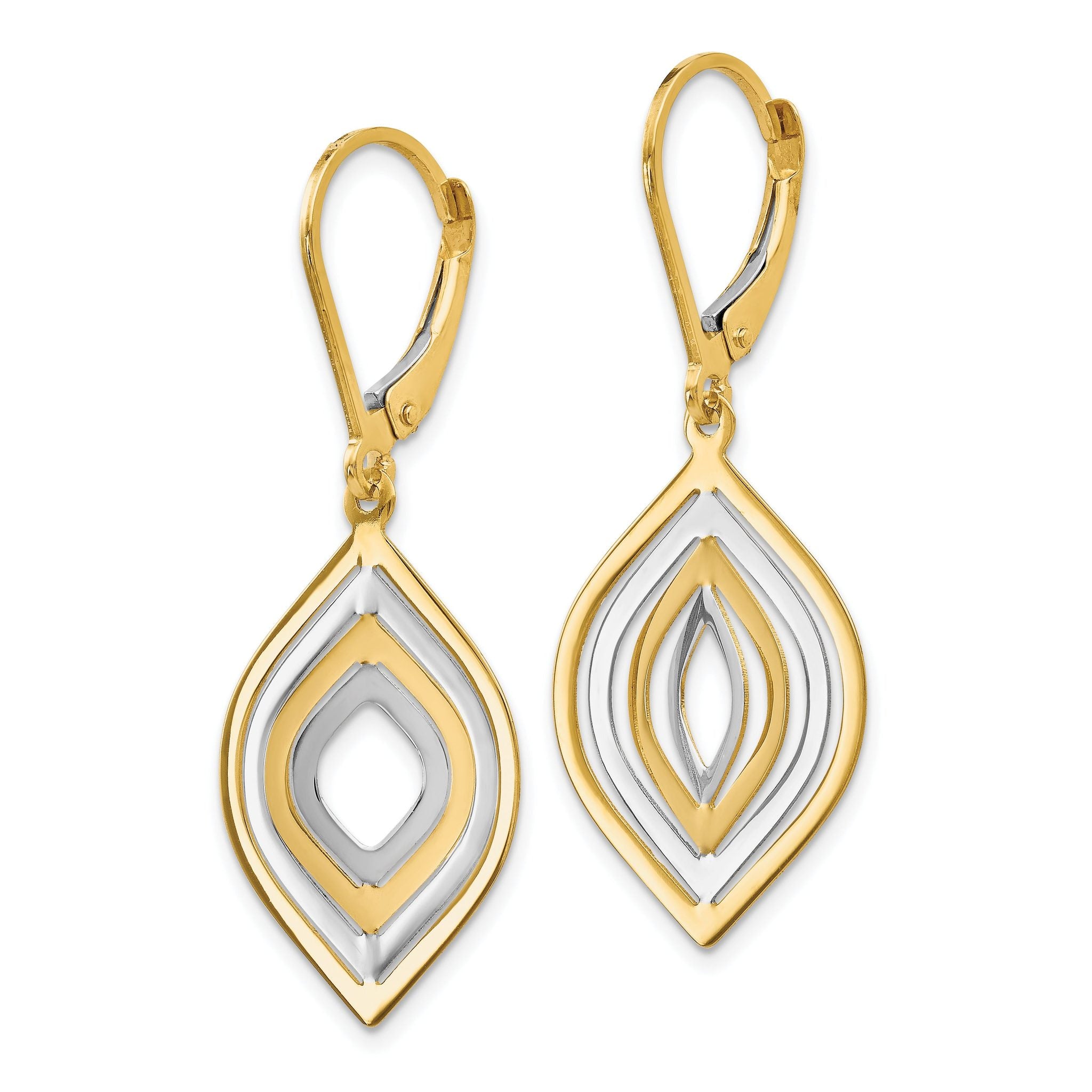 14K Gold Rhodium-Plated Leverback Dangle Earrings Polished Finish, Laser-Cut Design Secondary image