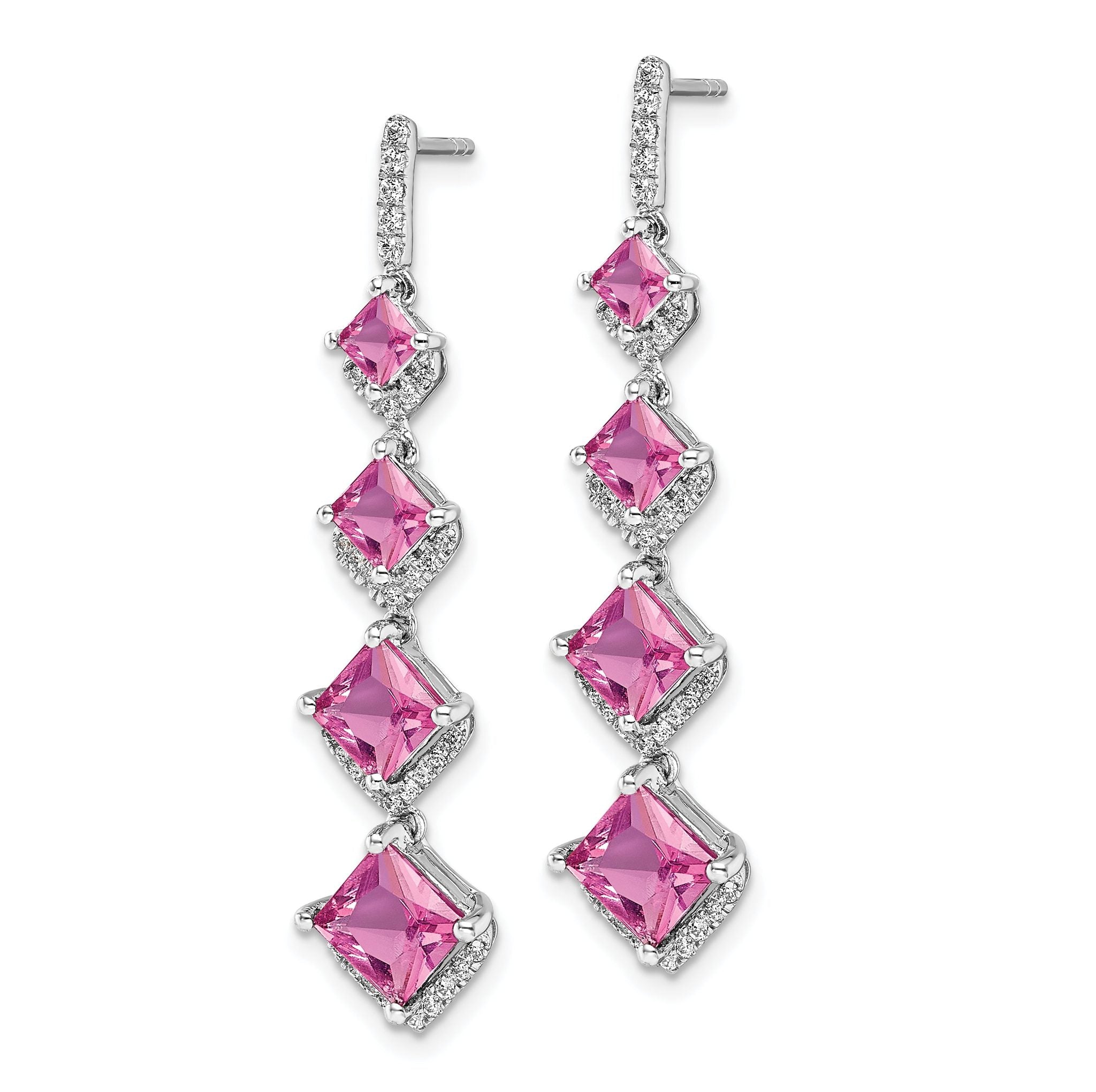 14k White Gold 1/3 carat Lab Grown Diamond VS/SI+ G+ and Lab Created Pink Sapphire Dangle Post Earrings Secondary image