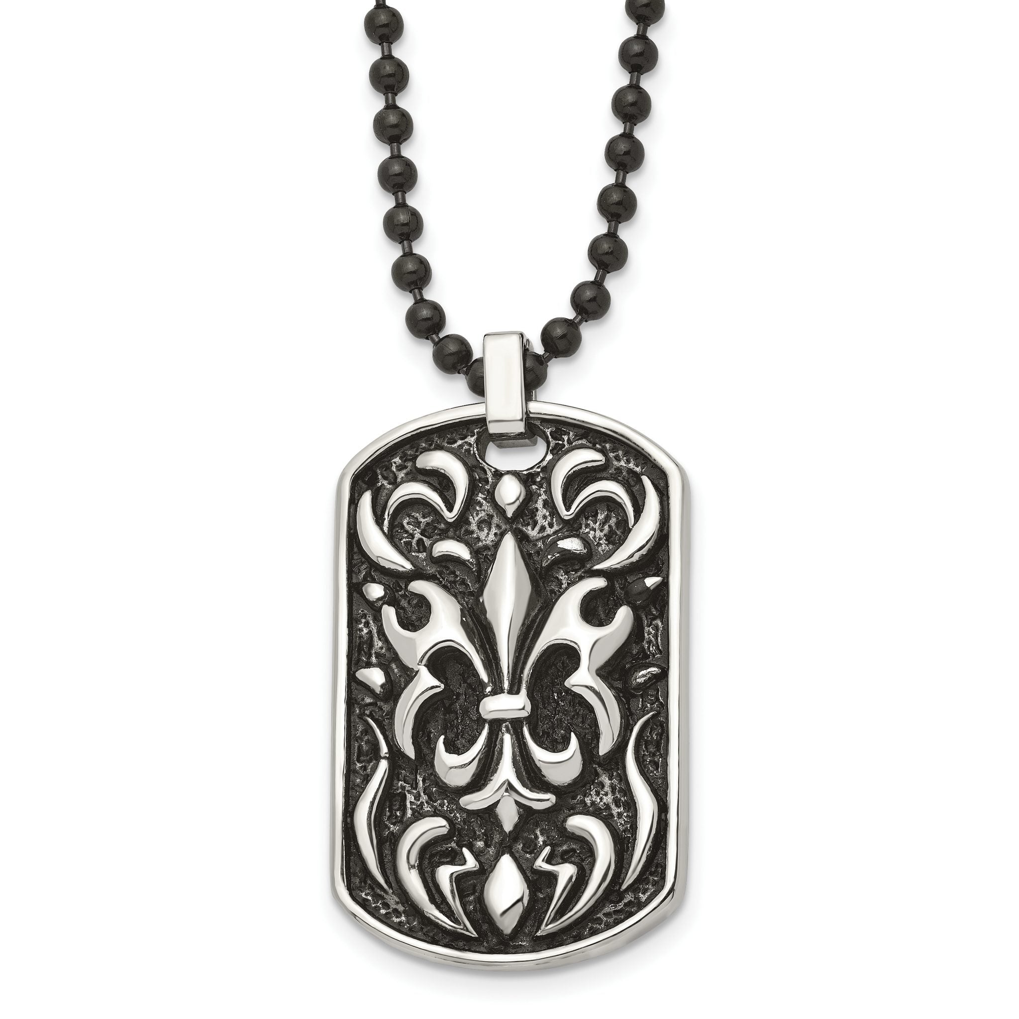 Stainless Steel Antiqued and Polished Black IP Fleur de lis Dog Tag Necklac Main image