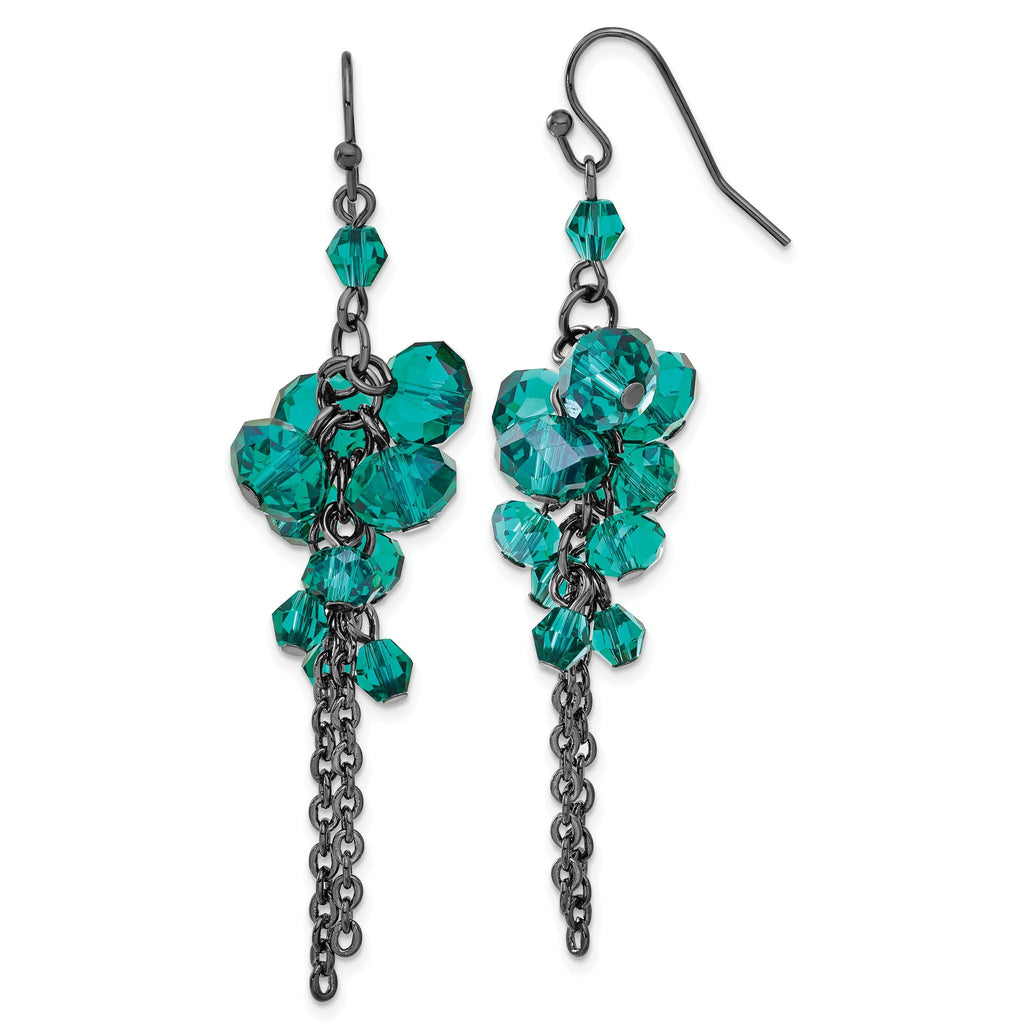 Dark Green Glass Bead Dangle Earrings in Black-Plated Fashion Metal