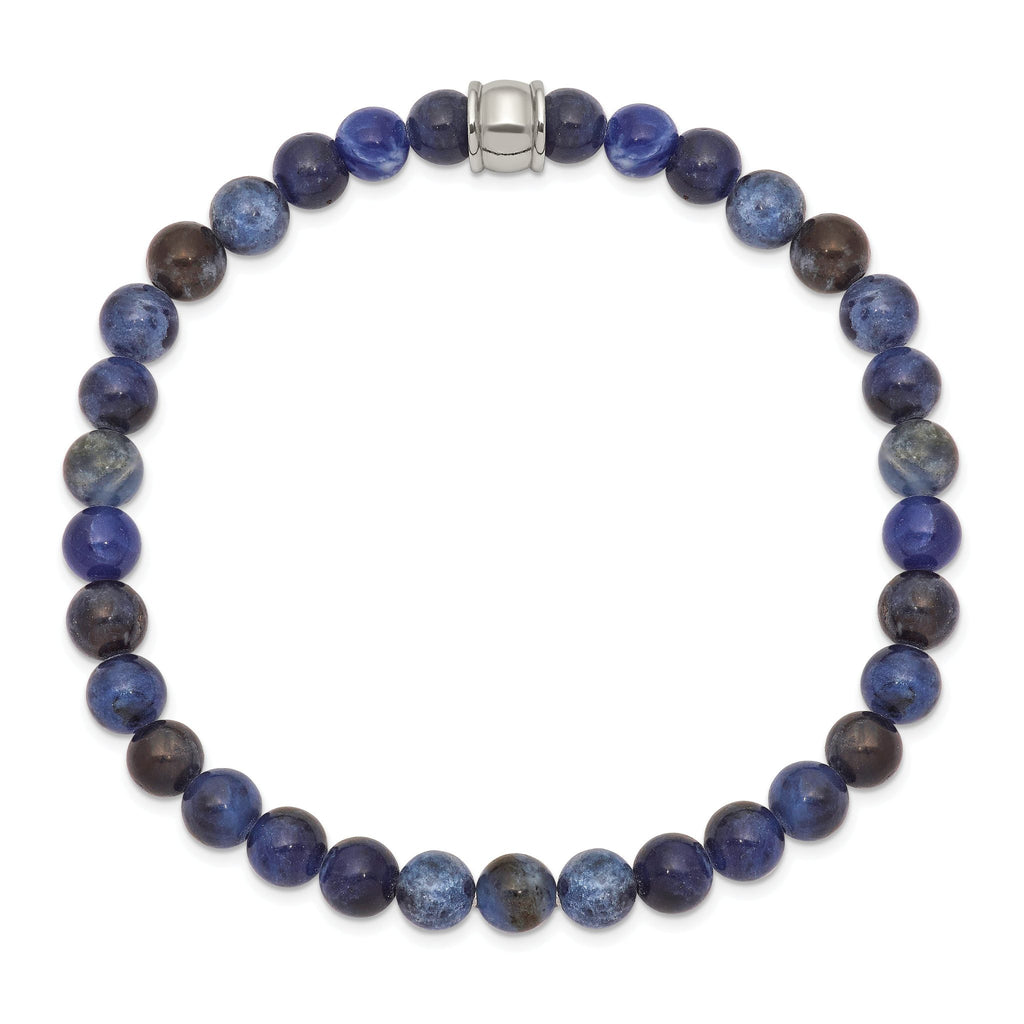 Stainless Steel Polished 6mm Blue Sodalite Beaded Stretch Bracelet for Men
