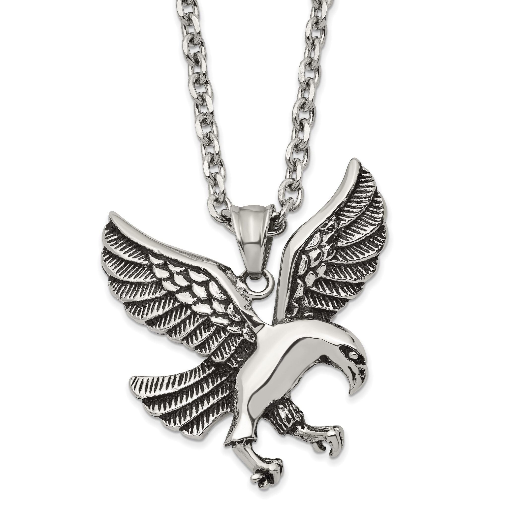 Chisel Stainless Steel Antiqued and Polished Eagle Pendant on a 25.5 inch Cable Necklace Main image