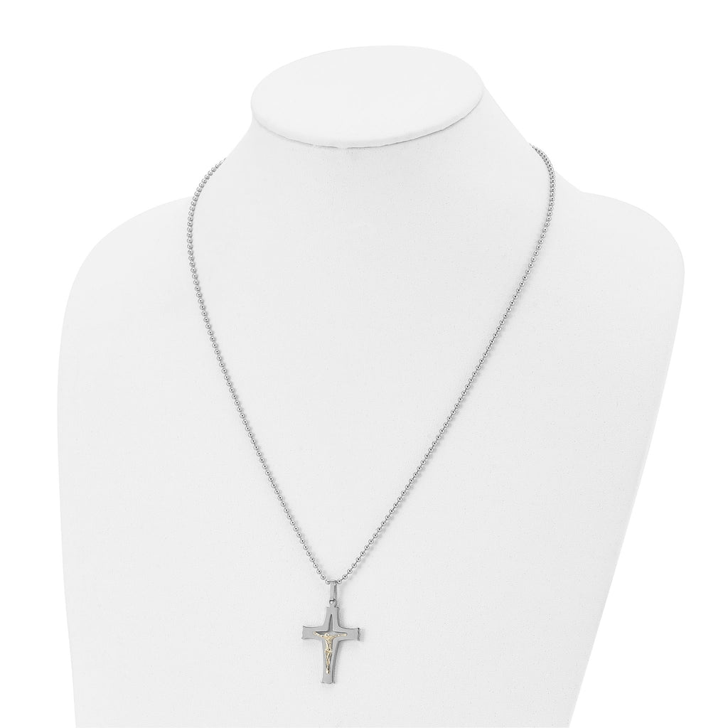 Chisel Stainless Steel Polished with 14k Gold Accent Crucifix Pendant on a 22 inch Ball Chain Necklace