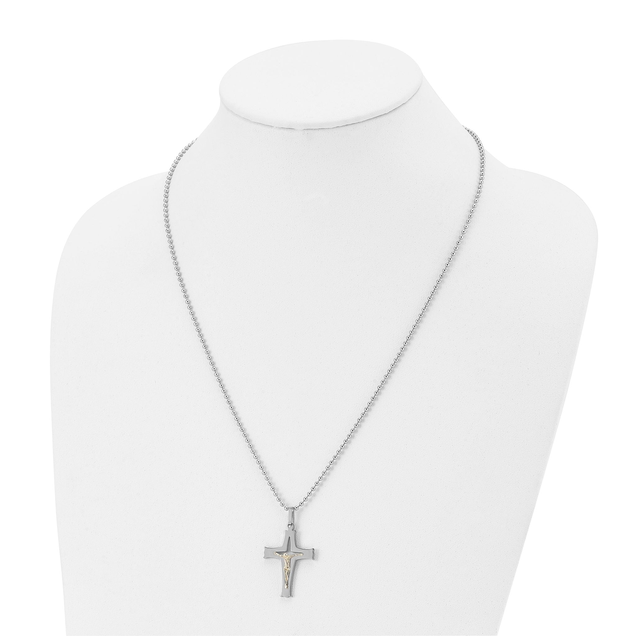 Chisel Stainless Steel Polished with 14k Gold Accent Crucifix Pendant on a 22 inch Ball Chain Necklace