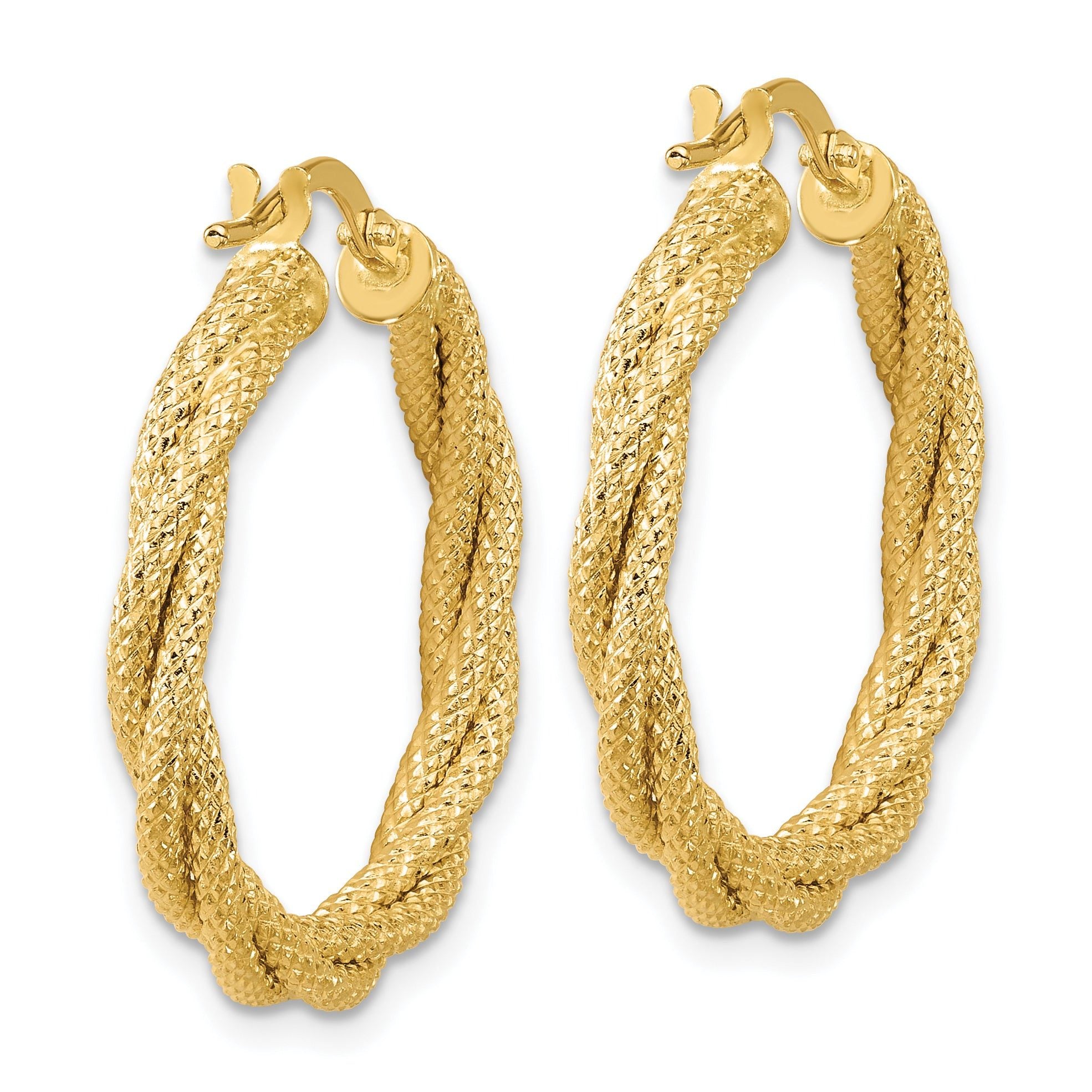 14K Polished and Textured Twisted Round Hoop Earrings