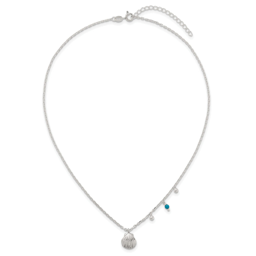 Sterling Silver Polished Beaded Turquoise and Grooved Seashell 16 inch with 2 inch Extension Necklace