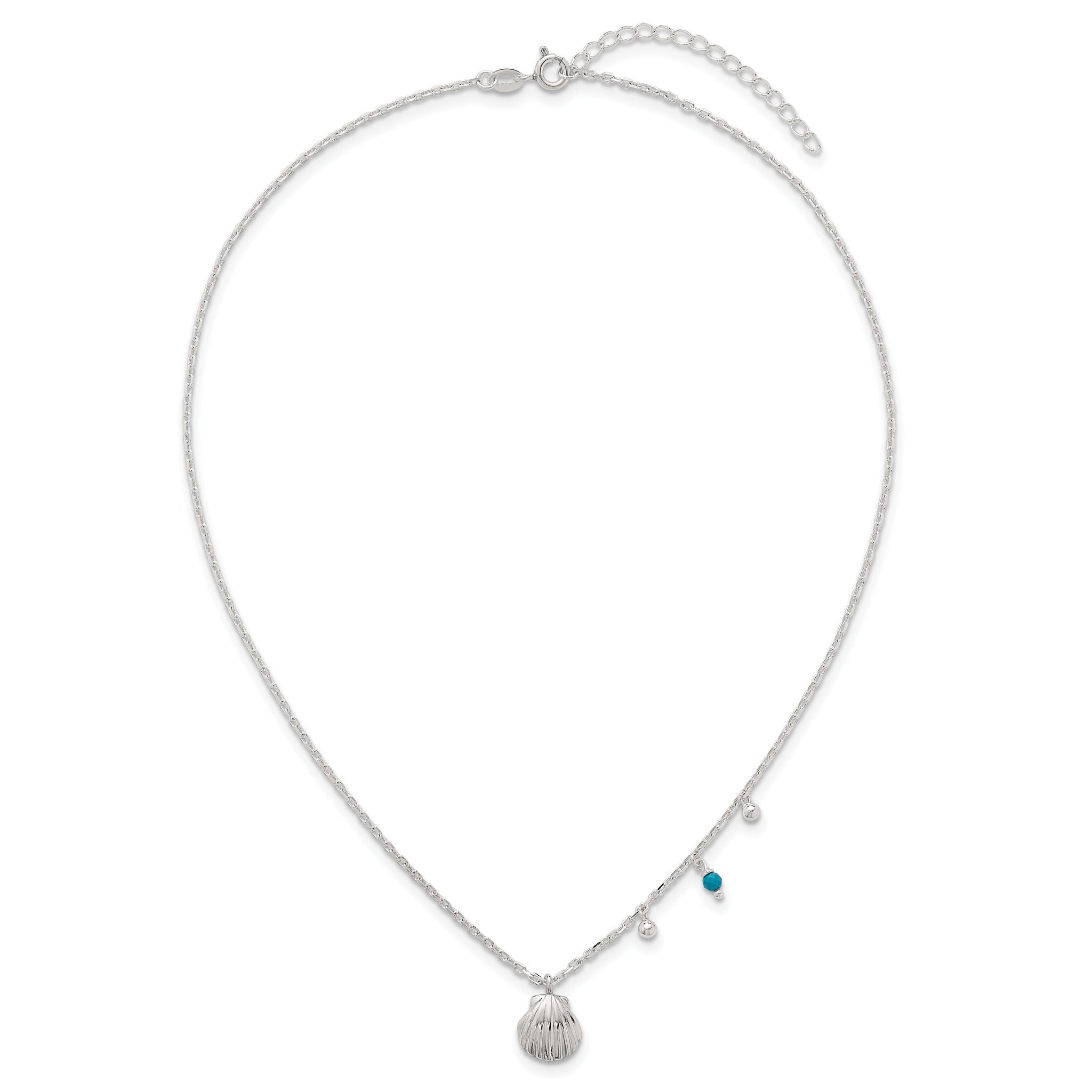 Sterling Silver Polished Beaded Turquoise and Grooved Seashell 16 inch with 2 inch Extension Necklace