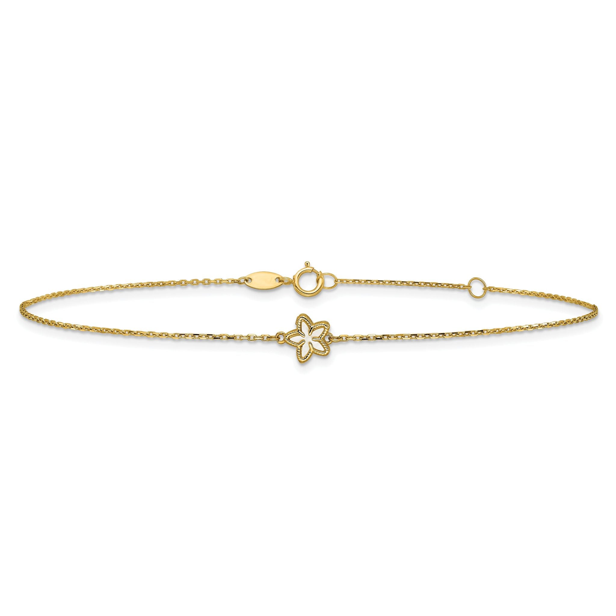 14K Polished Mother of Pearl Flower 9 inch Plus 1 inch Extender - Total 10 inch Anklet