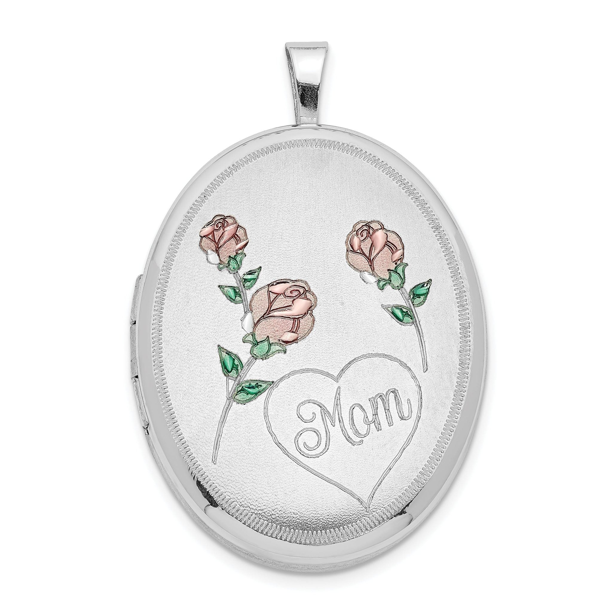 Sterling Silver RH 26mm Satin/Polished Enameled Roses Mom Oval Locket Main image