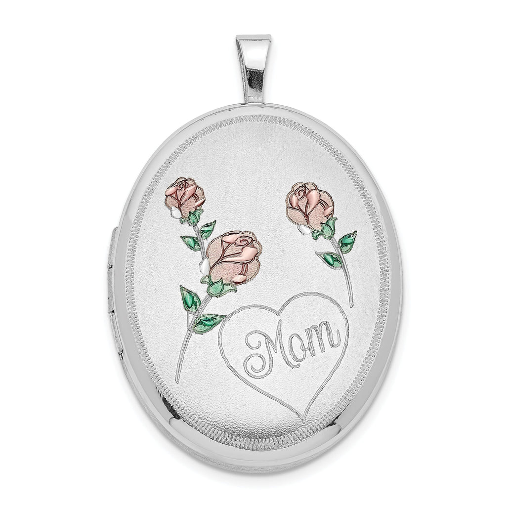Sterling Silver RH 26mm Satin/Polished Enameled Roses Mom Oval Locket