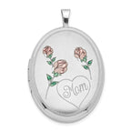 Sterling Silver RH 26mm Satin/Polished Enameled Roses Mom Oval Locket