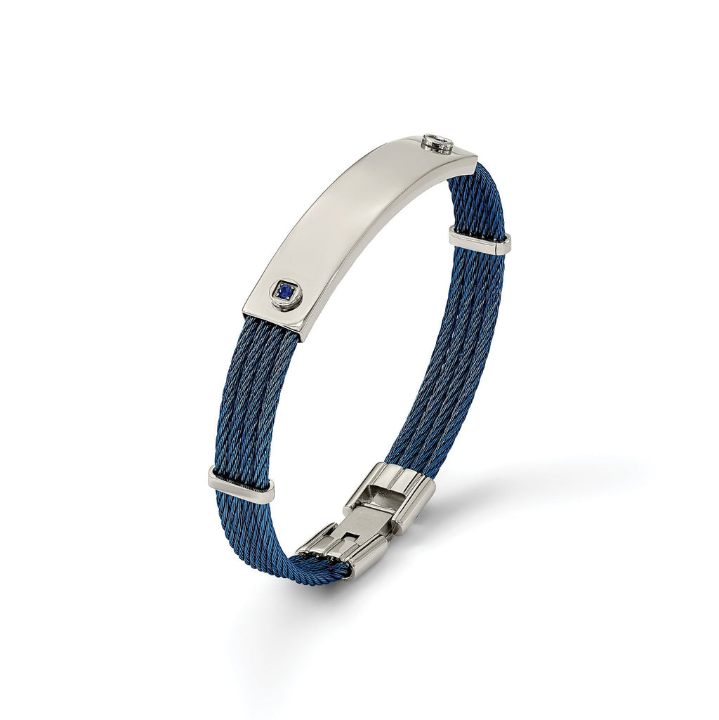 Stainless Steel Polished Blue IP-plated Cable with Blue Cubic Zirconia ID Bracelet for Women