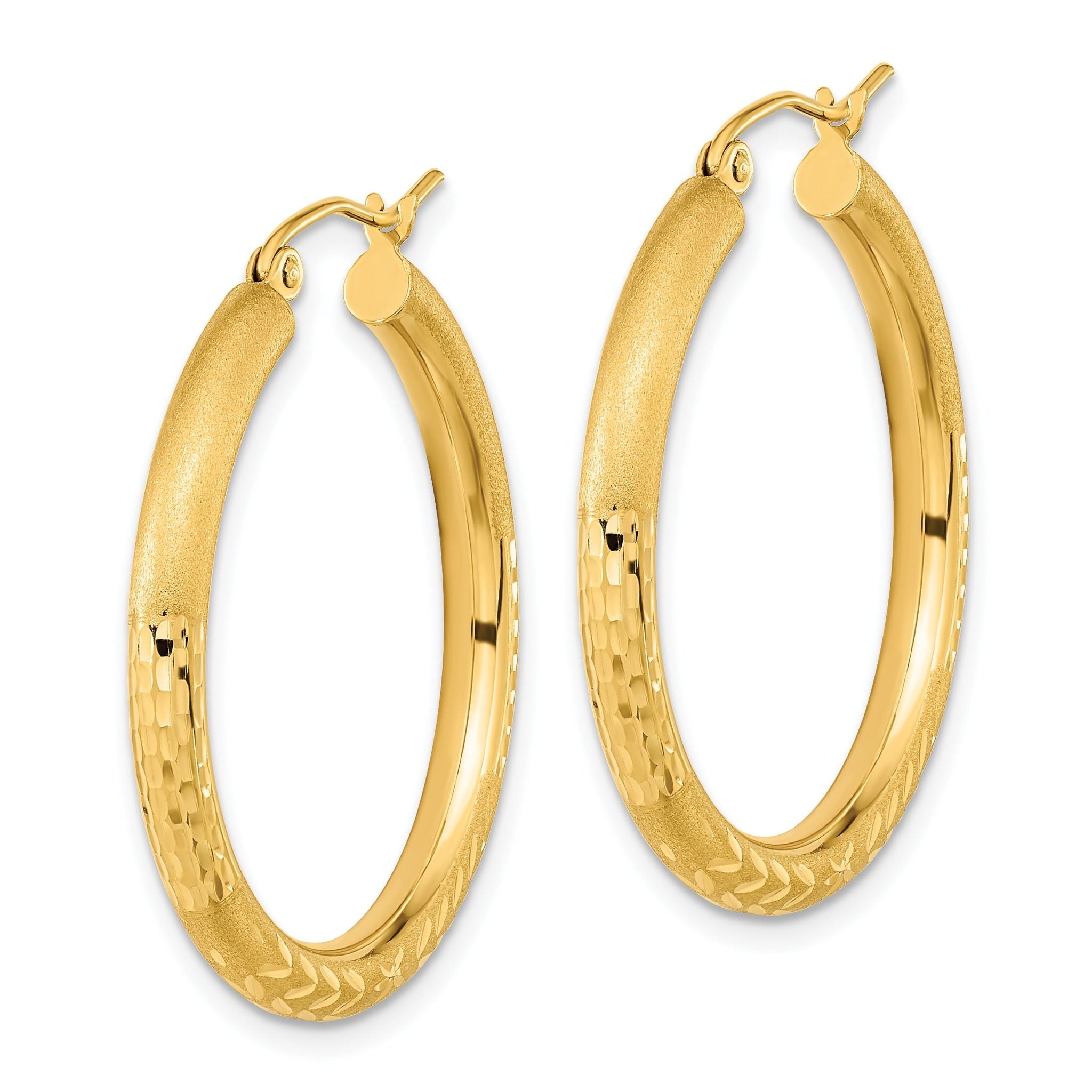 14k Polished Satin and Diamond-cut Hoop Earrings Secondary image