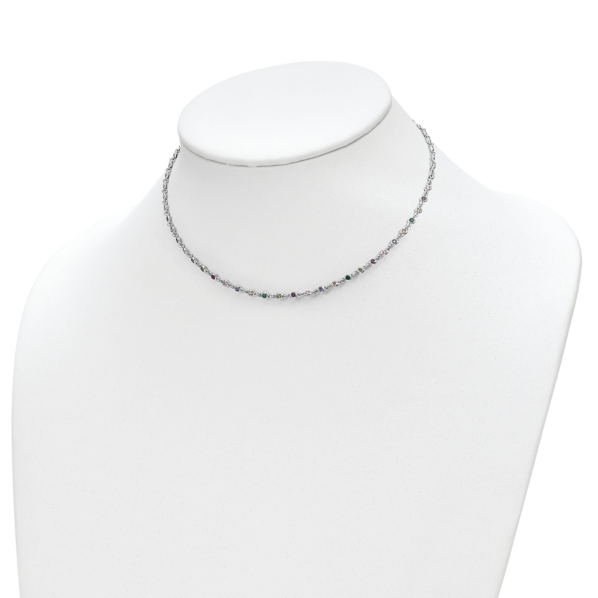 Sterling Silver Rhodium-plated Polished Multi-color CZ w/3 IN EXT Choker