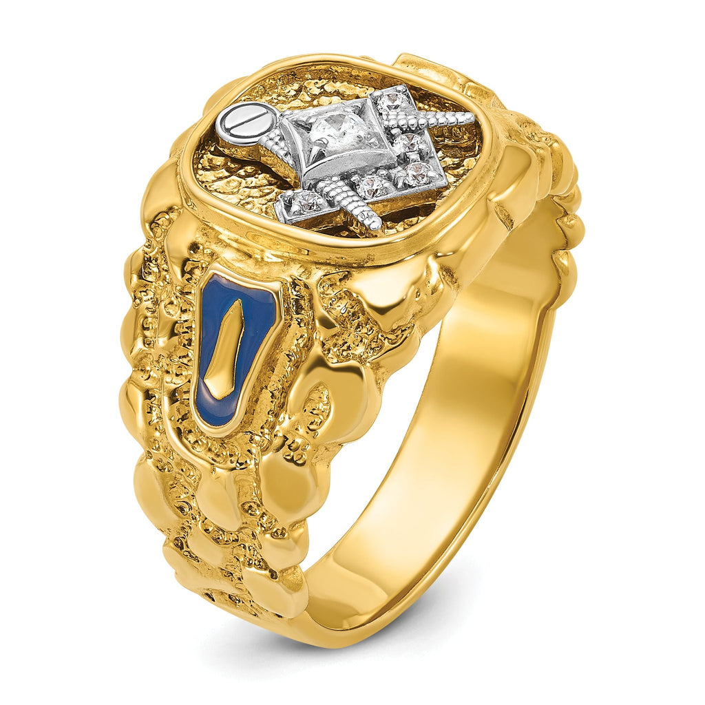 10k Two-tone Men's Polished and Nugget Textured Diamond Blue Lodge Master Masonic Ring