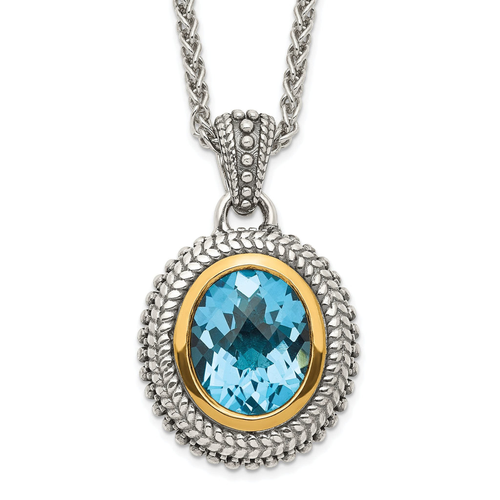 Shey Couture Sterling Silver with 14K Accent 18 Inch Antiqued Oval Bezel Light Swiss Blue Topaz Necklace