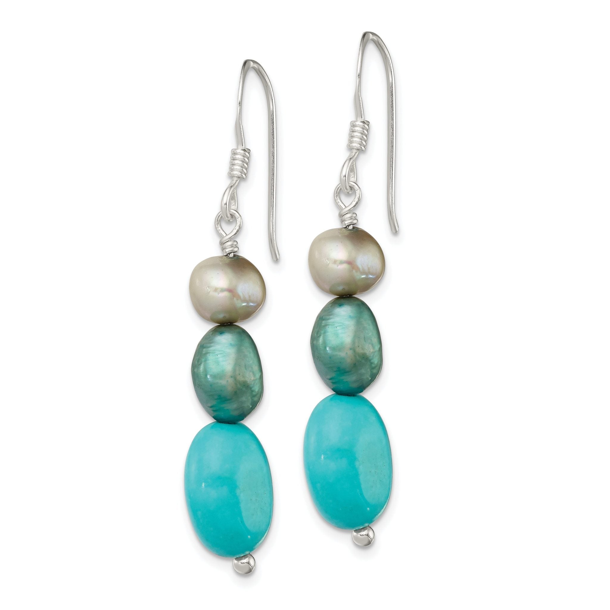 Sterling Silver Turquoise, Grey & Green FW Cultured Pearl Dangle Earrings Secondary image