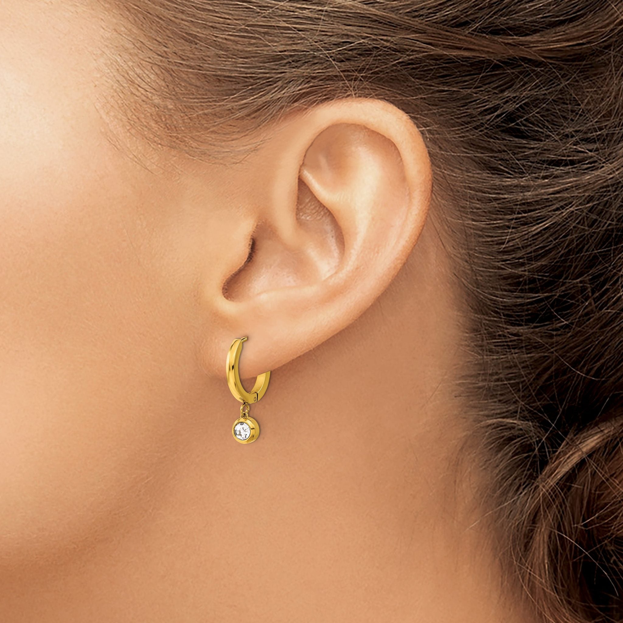 Stainless Steel Gold-Tone Polished Cubic Zirconia Huggie Hoop Earrings