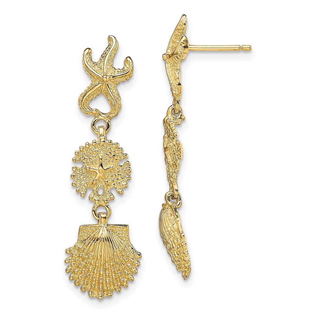 14K Starfish, Sand Dollar ,Scallop Shell Dangle Earrings