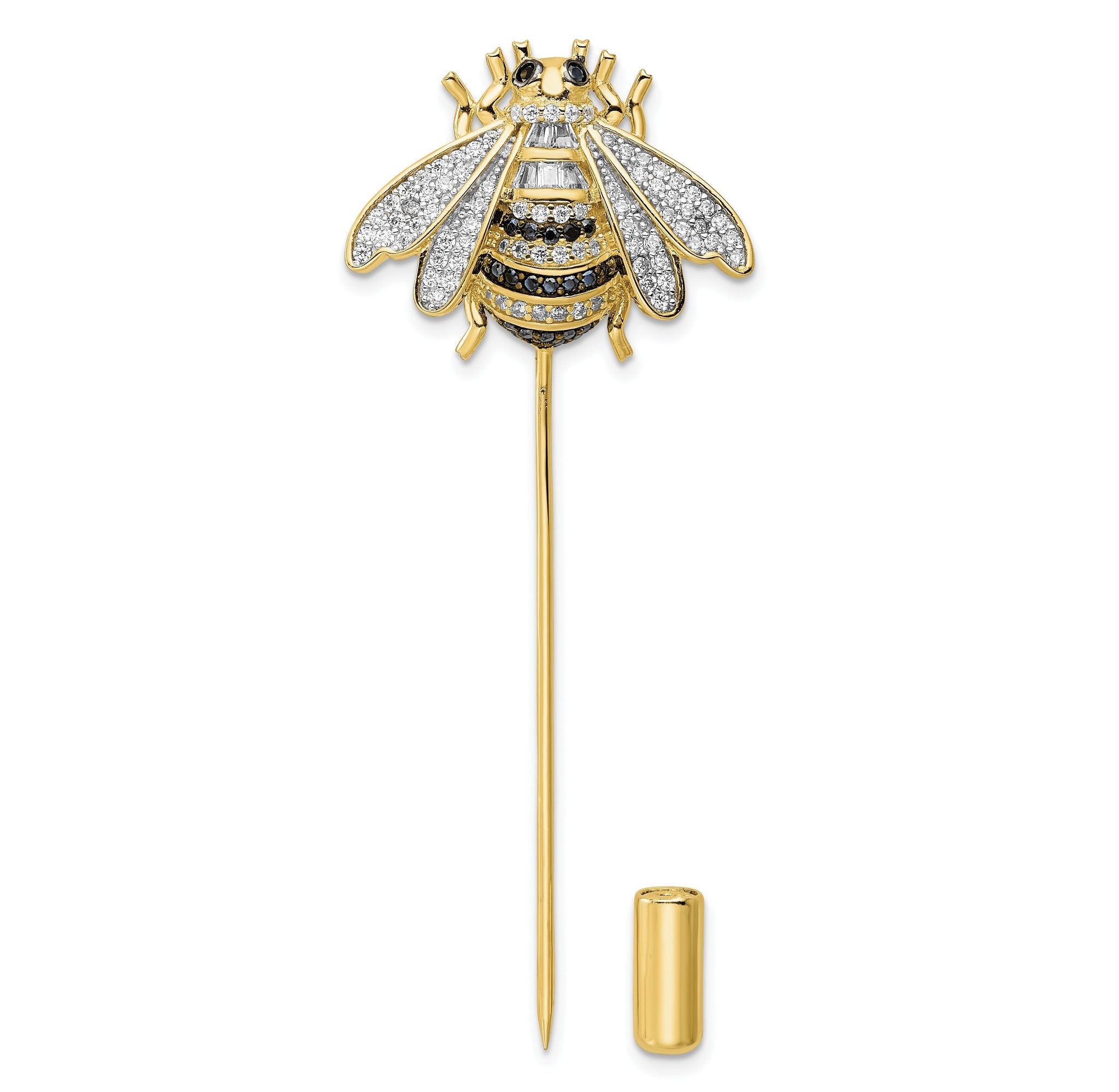 Sterling Silver Rhodium-plated Gold Tone Black and Clear CZ Bumblebee Pin