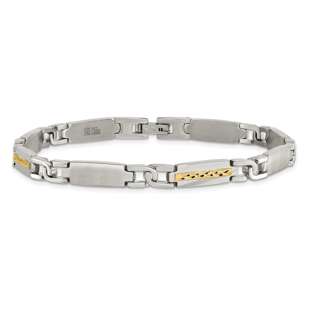 Stainless Steel with 14k Gold Accent Brushed and Polished Link Bracelet for Men