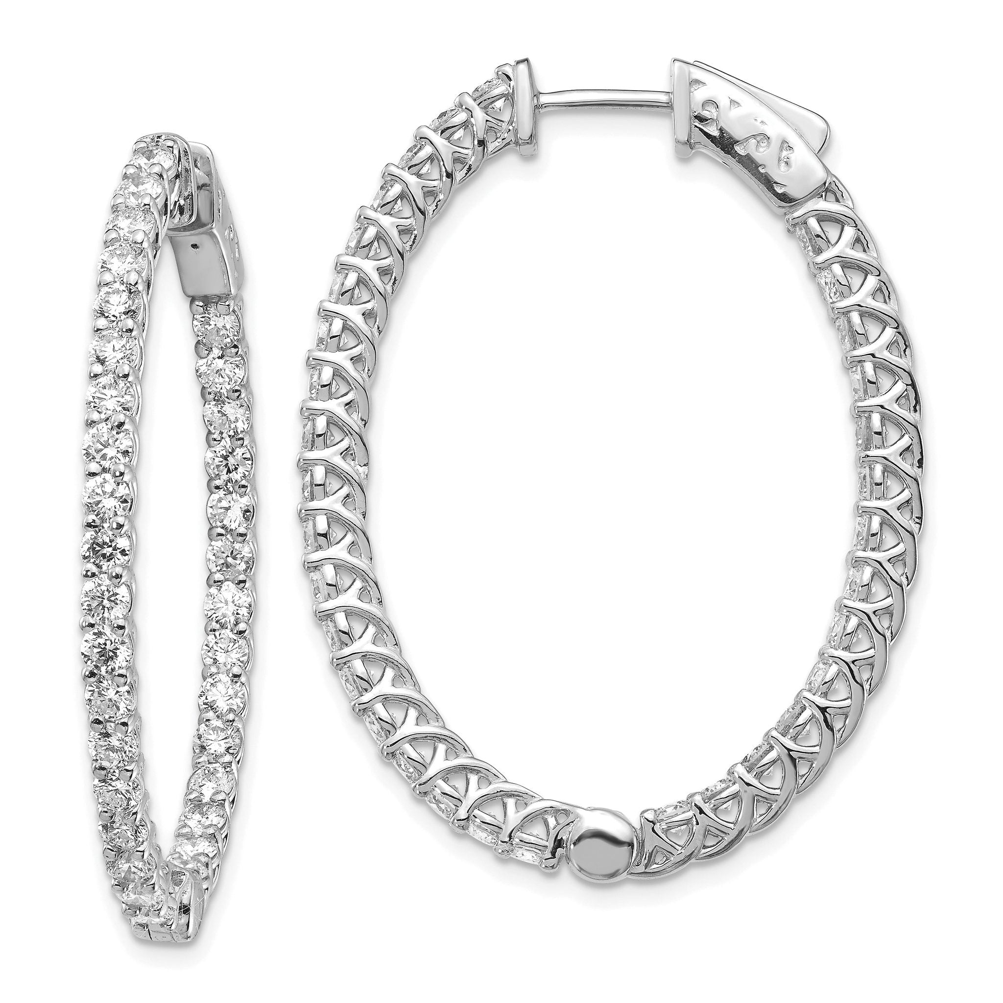 14k White Gold Diamond Oval Hoop w/Safety Clasp Earrings Main image