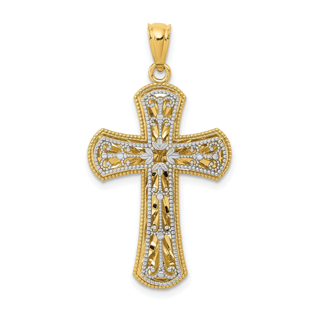 14K Two-Tone Gold Polished Cross Pendant with Textured Design  Elegant