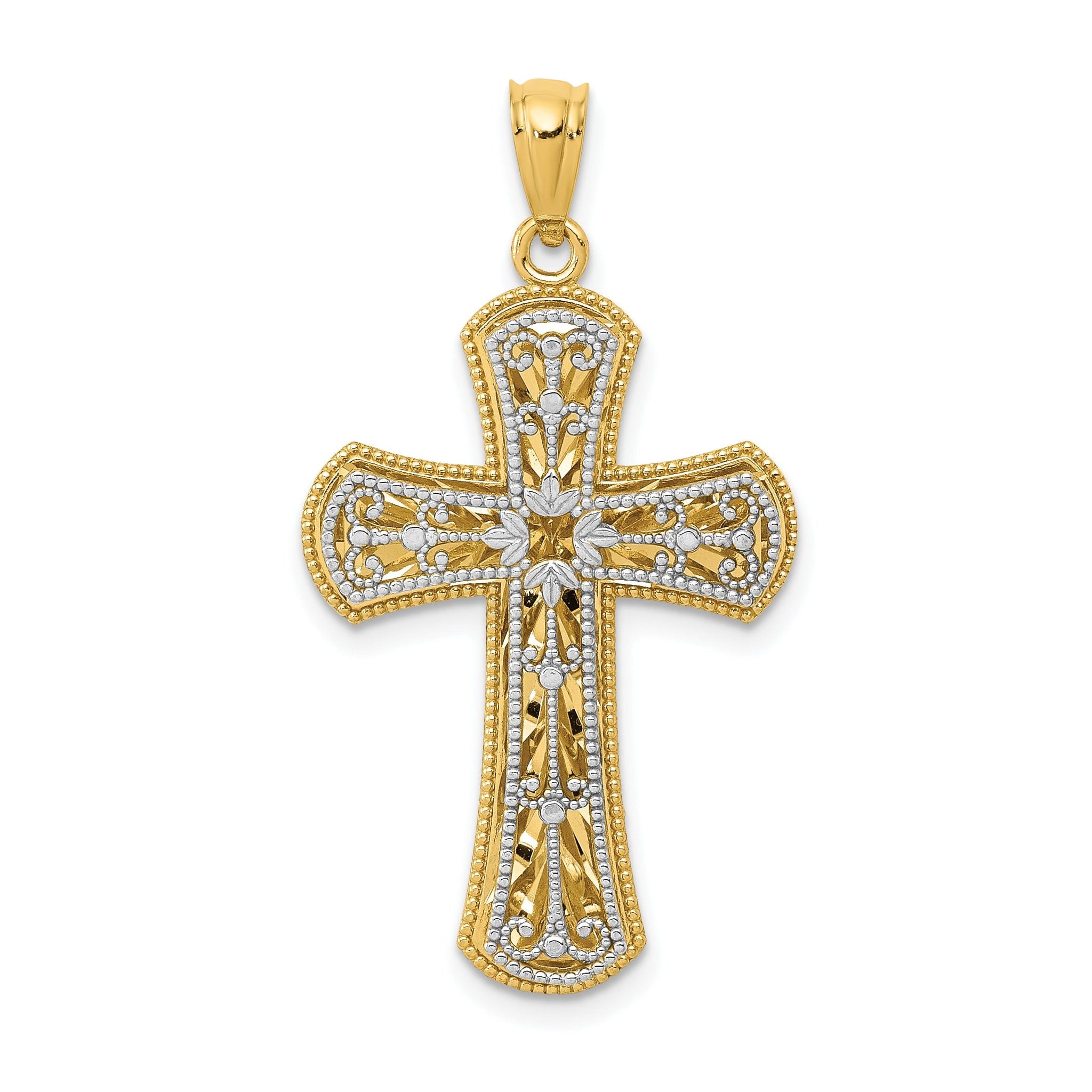 14K Two-Tone Gold Polished Cross Pendant with Textured Design  Elegant
