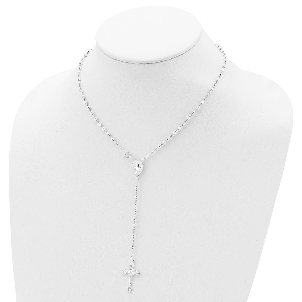 Sterling Silver 925 Polished Bead Rosary Necklace for Women 16 Inch