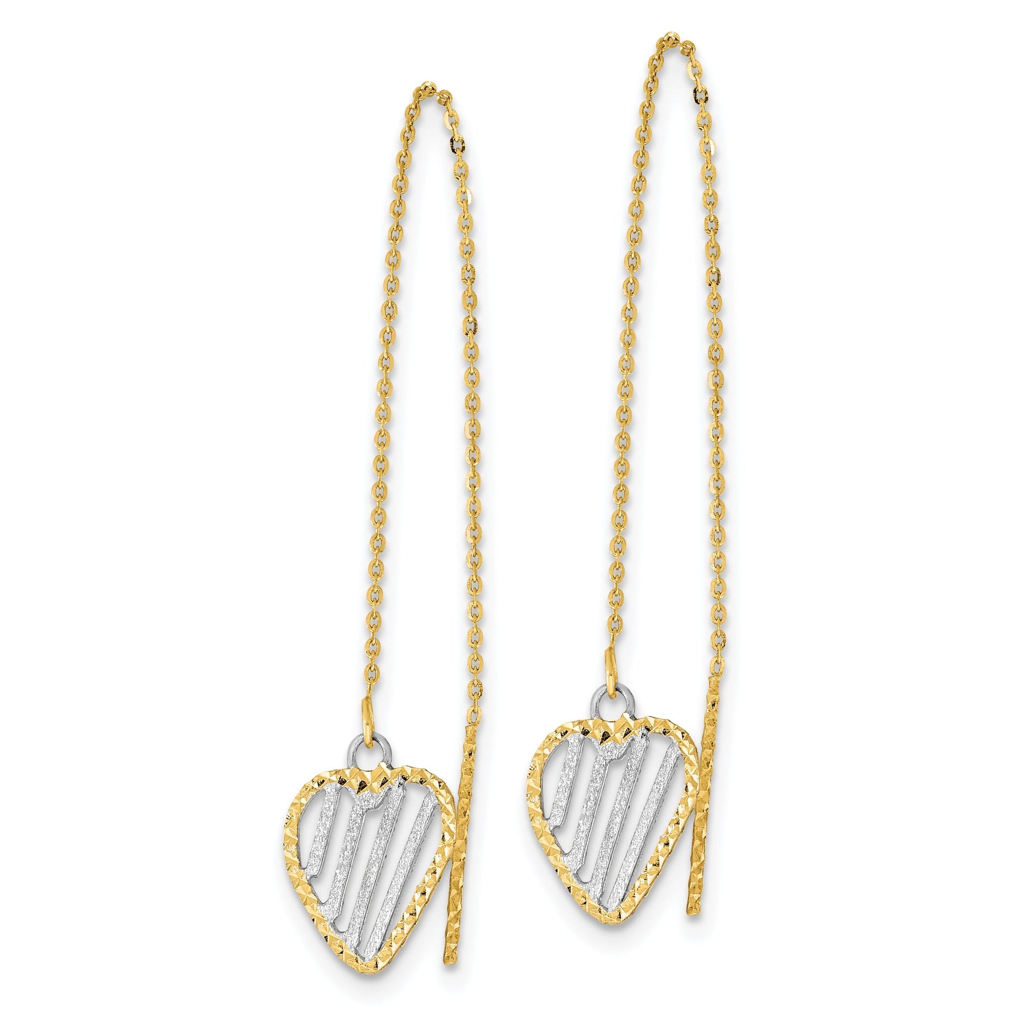 14k & Rhodium Polished Satin and D/C Heart Threader Earrings Secondary image