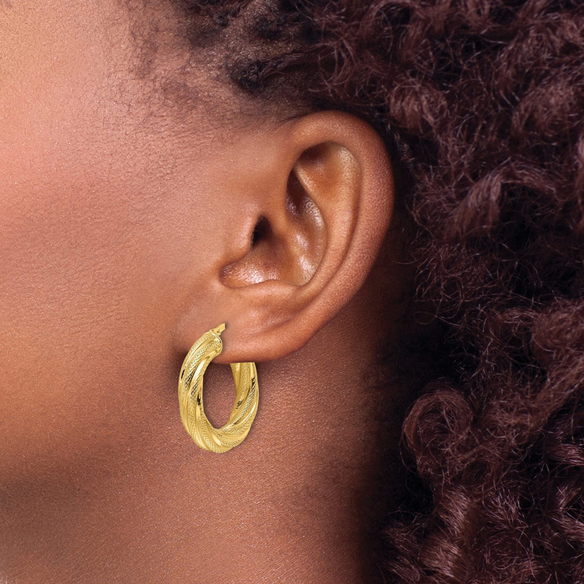 10ky Polished 4.7mm Textured Twist Round Hoop Earrings