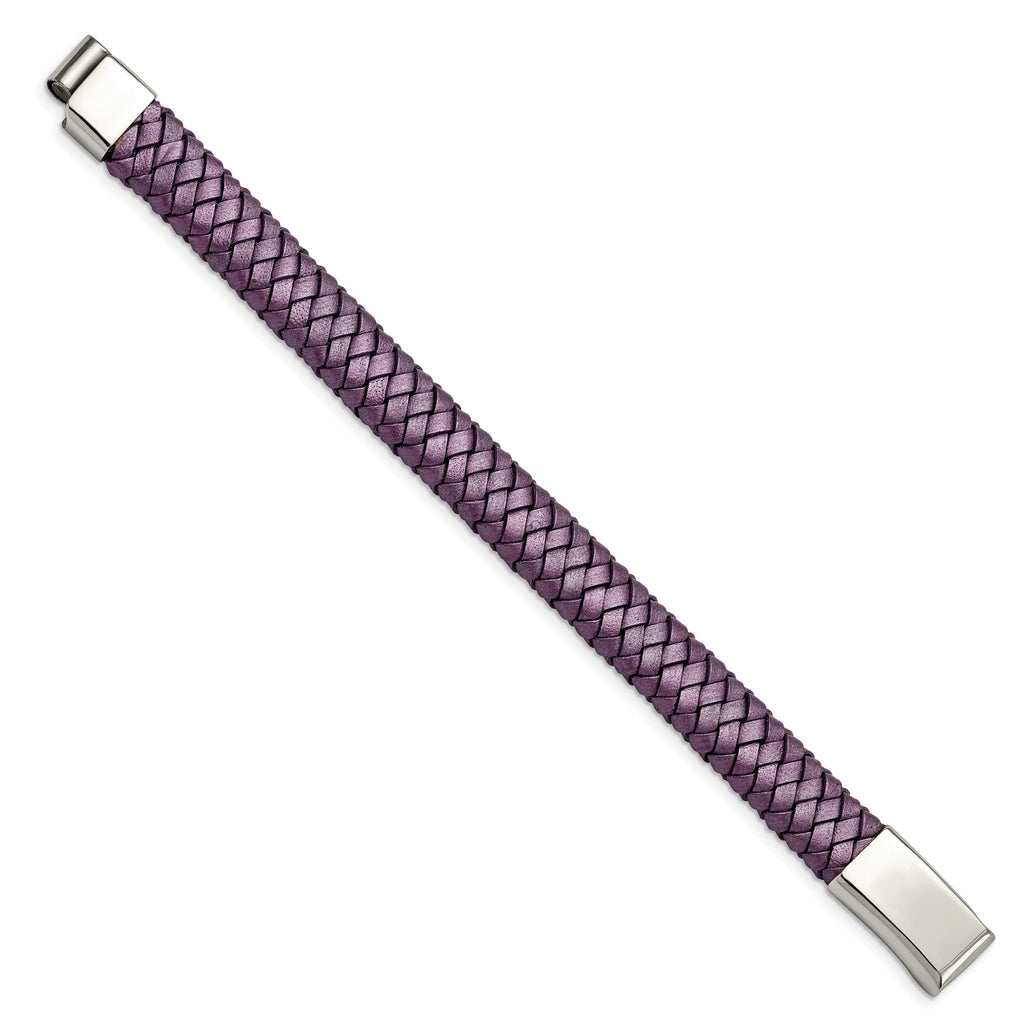 Stainless Steel Polished Metallic Purple Braided Leather Bracelet for Women
