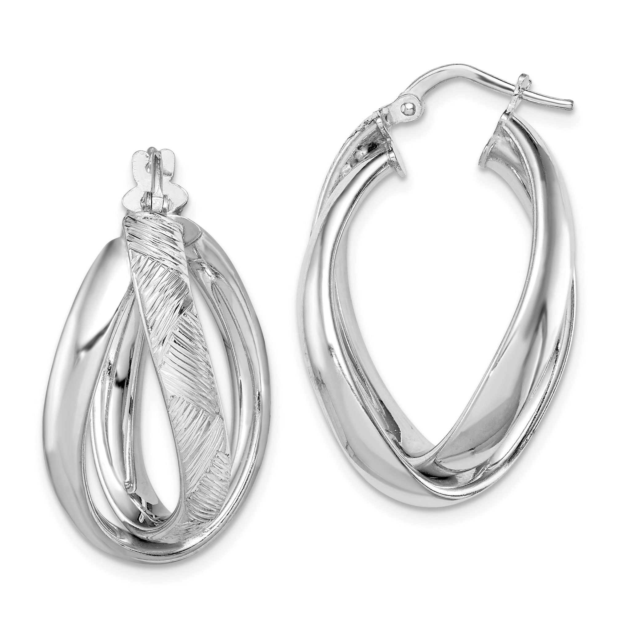 Sterling Silver Rhodium-Plated Twisted Oval Hoop Earrings with Polished Diamond-Cut Finish 25mm Main image