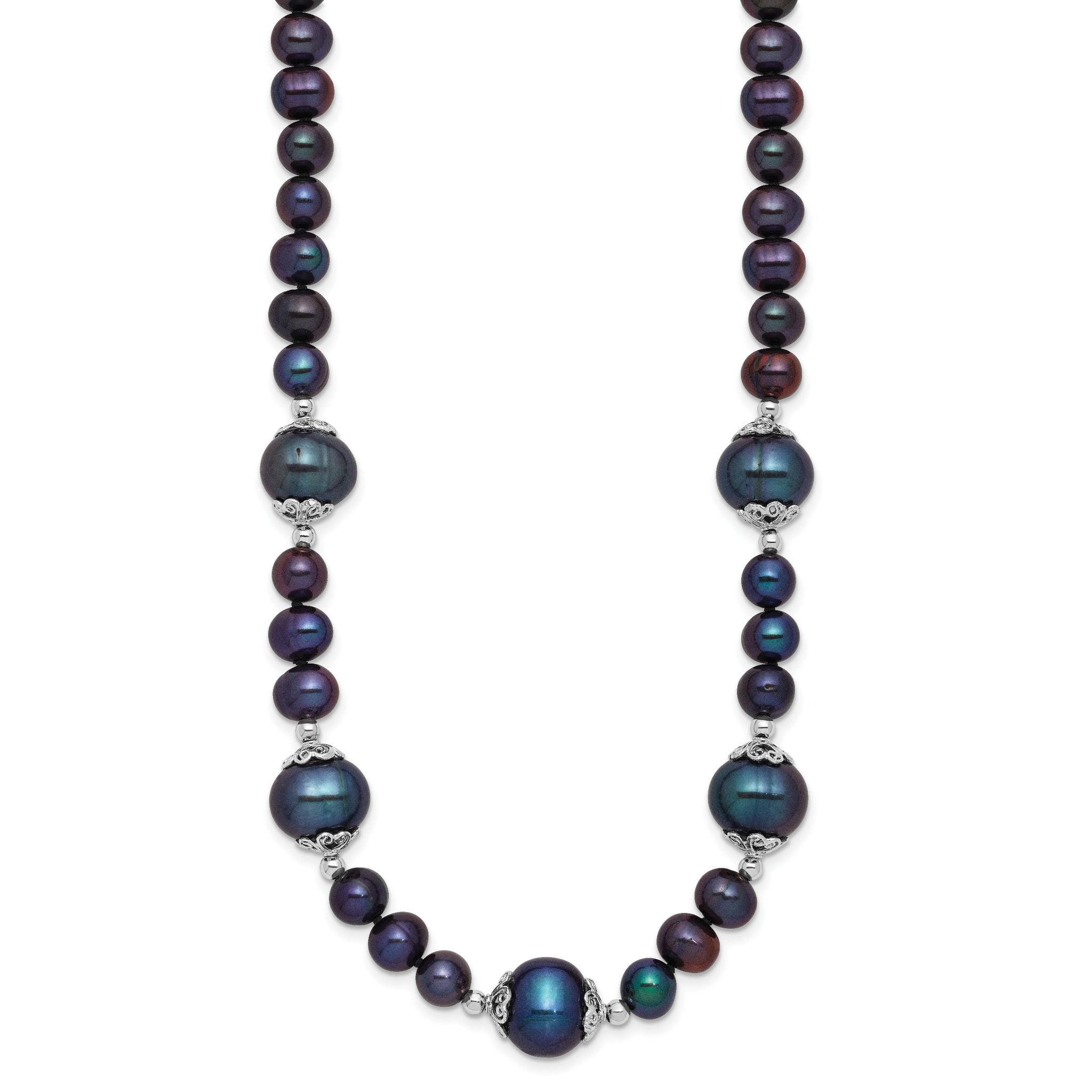 Sterling Silver Rhodium-plated 6-9mm Black Near Round Freshwater Cultured Pearl 5-station 18 inch Necklace Secondary image