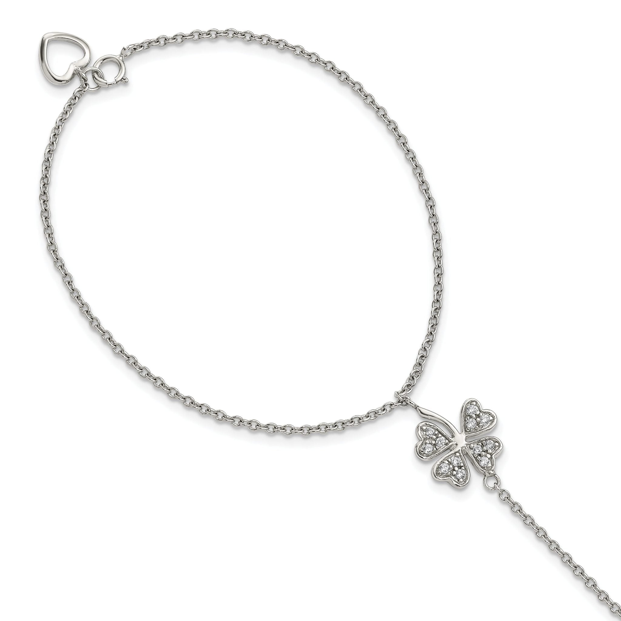 Sterling Silver RH-plat Polished CZ Four Leaf Clover Attached Ring/Bracelet Main image