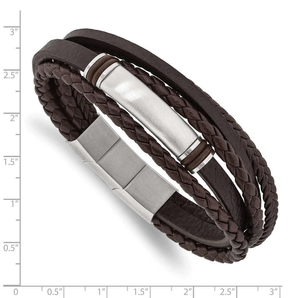 Stainless Steel Brushed Multi Strand Brown PU Leather and Rubber ID Bracelet with . Extension