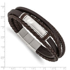 Stainless Steel Brushed Multi Strand Brown PU Leather and Rubber ID Bracelet with . Extension