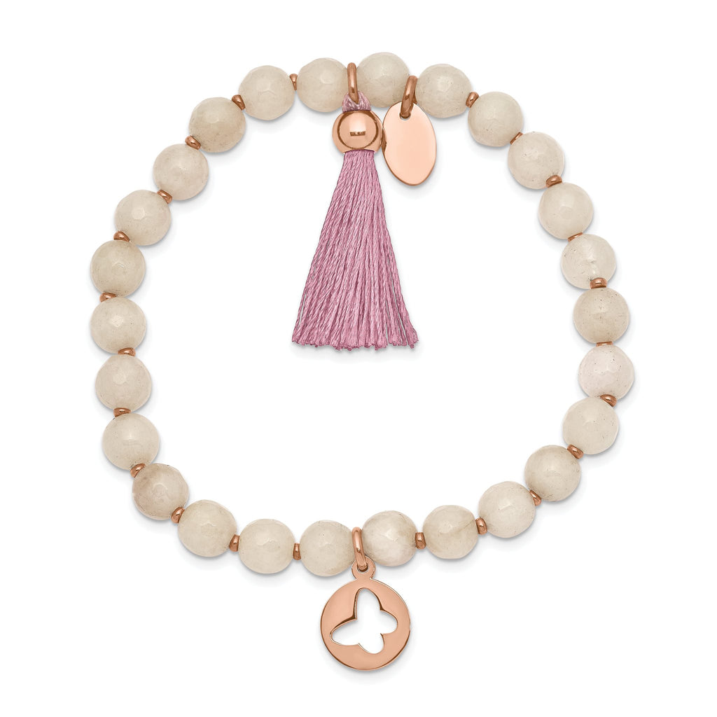 Stainless Steel Polished Rose IP-plated Butterfly 6mm Pink Agate Beaded Stretch Bracelet with Tassel for Women