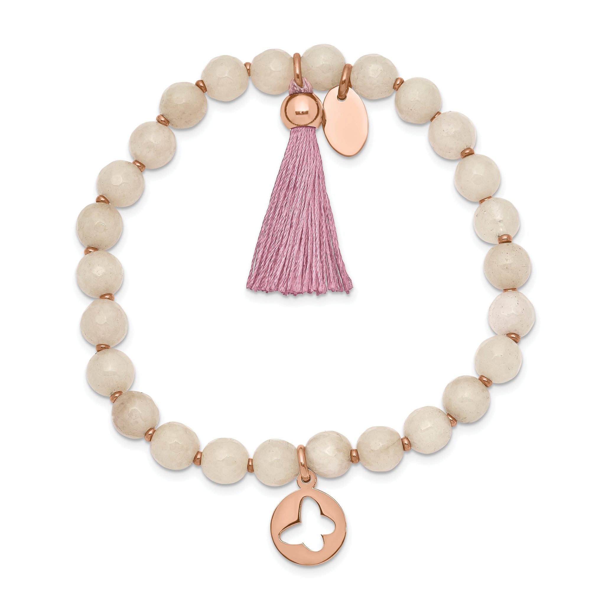 Stainless Steel Polished Rose IP-plated Butterfly 6mm Pink Agate Beaded Stretch Bracelet with Tassel for Women