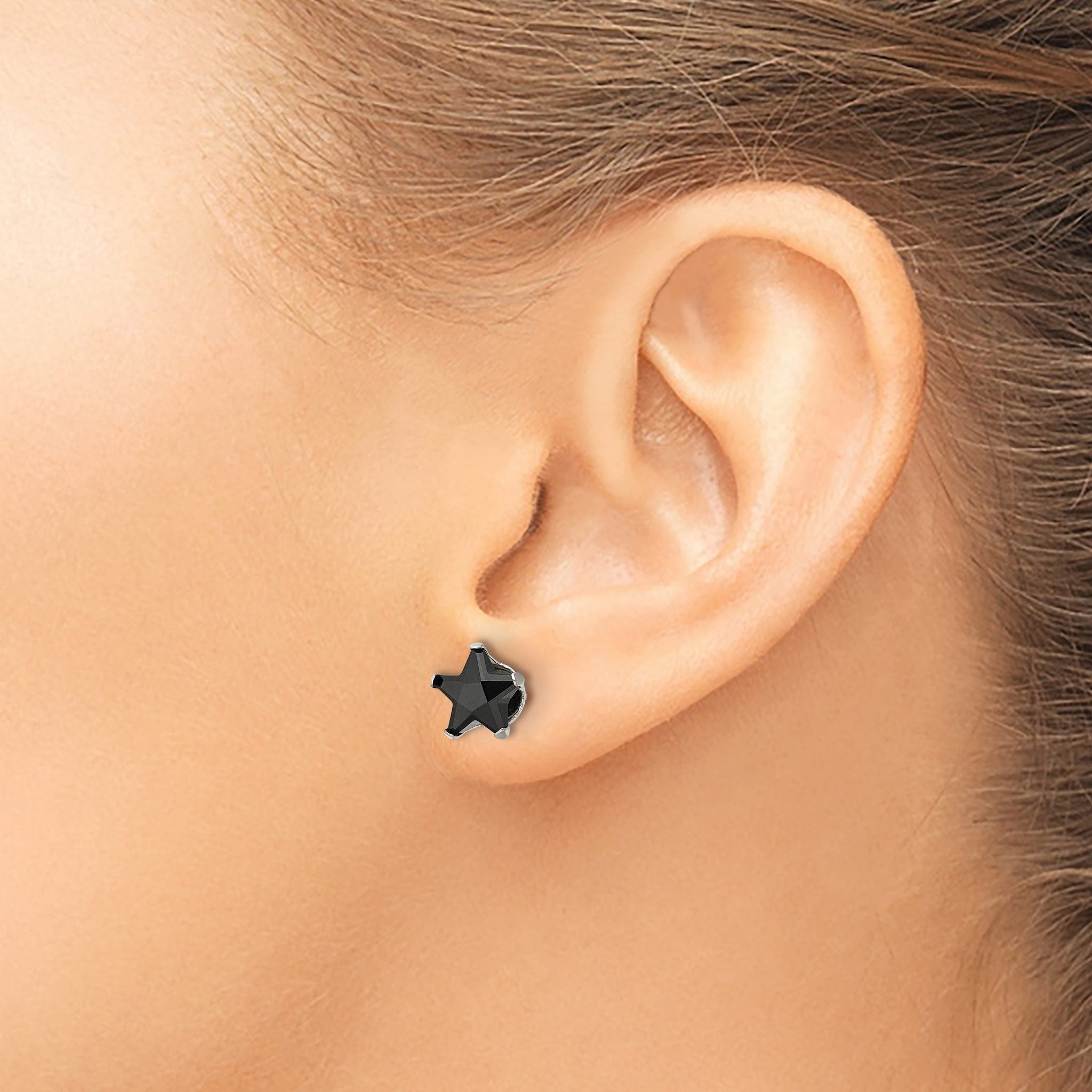 Stainless Steel Polished Star Black Cubic Zirconia Stud Earrings