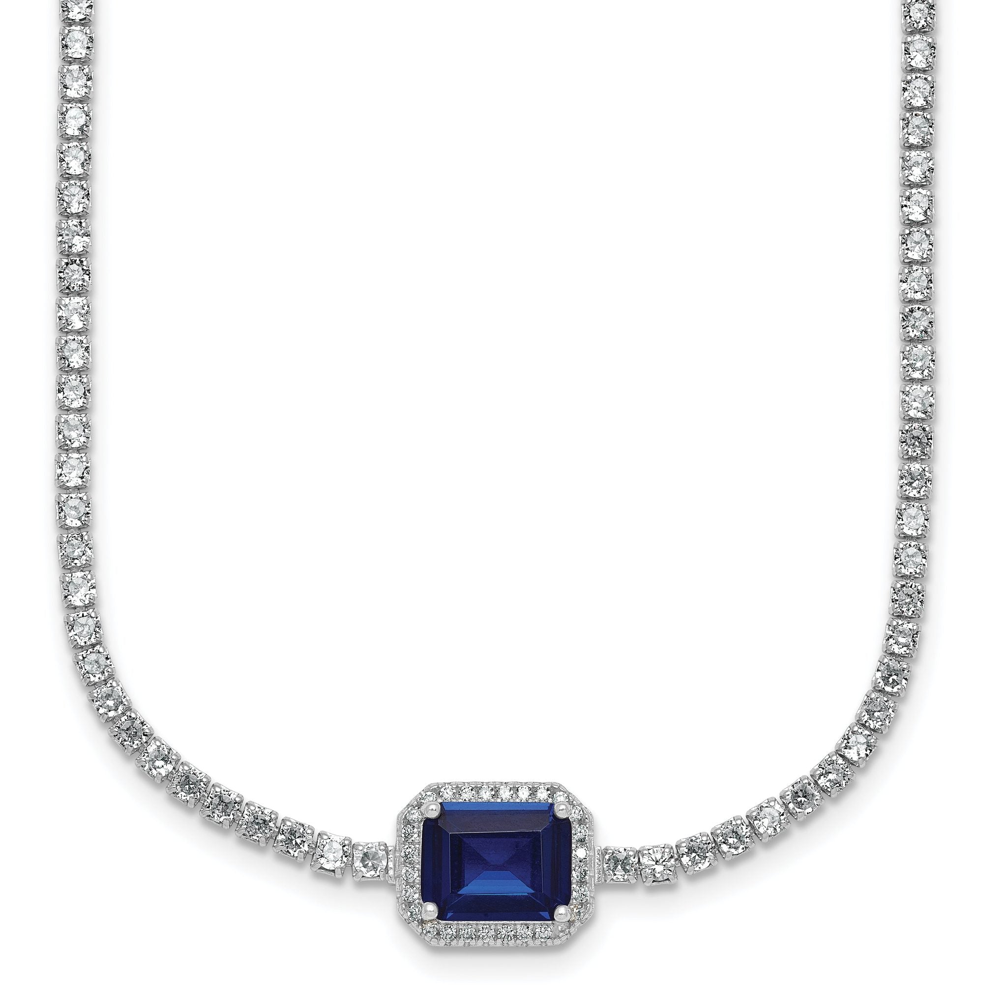 Sterling Silver Rhodium-plated Polished Fancy Emerald-cut Blue and White CZ Halo 16 Inch with 2 Inch Extension Necklace Main image