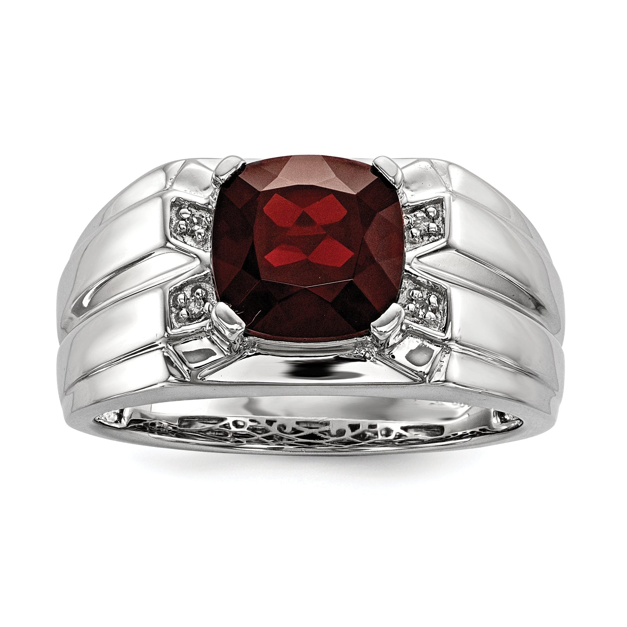 White Night Sterling Silver Rhodium-plated Garnet and Diamond Square Men's Ring Main image