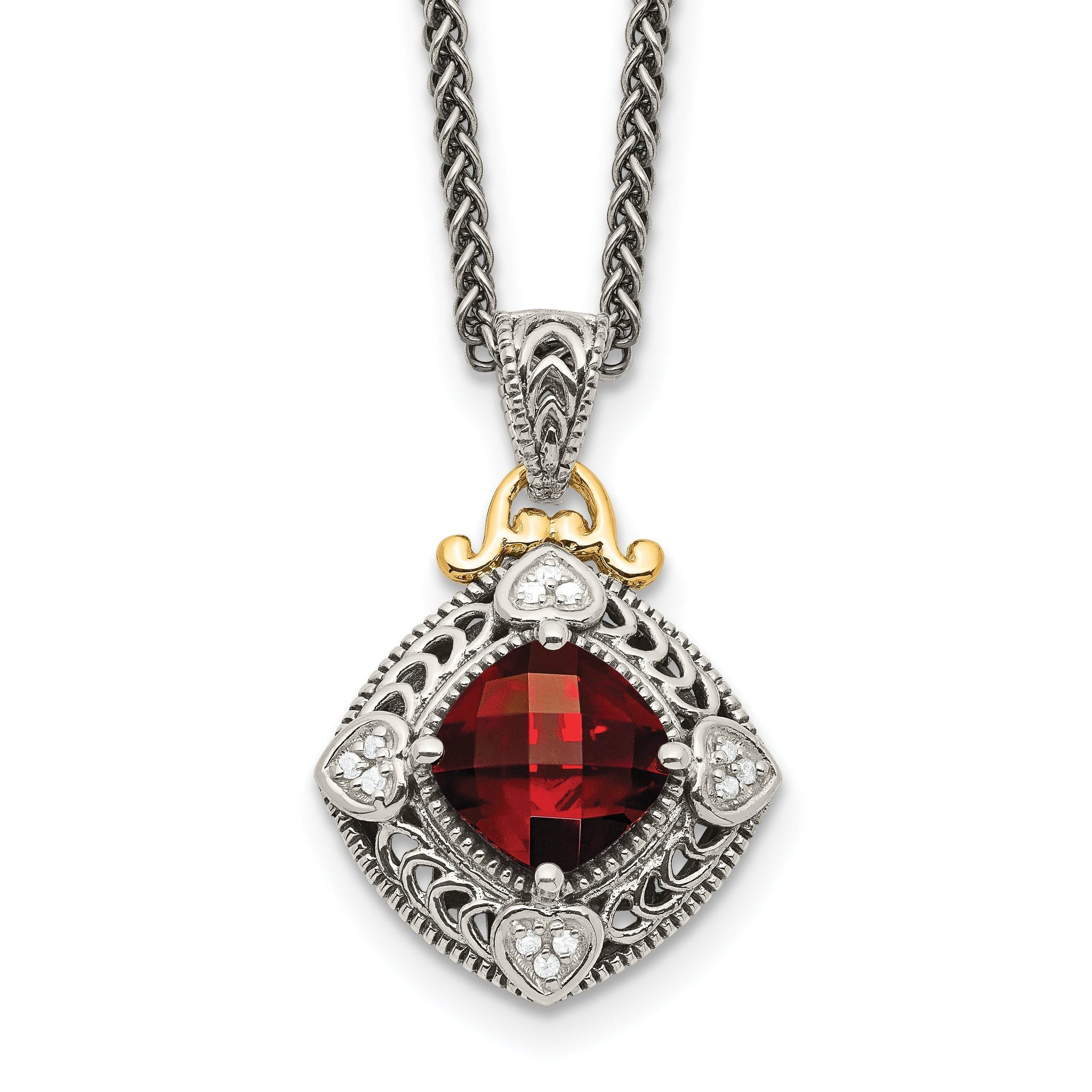Shey Couture Sterling Silver with 14K Accent 18 Inch Antiqued Diamond and Cushion Checkerboard Garnet Necklace Main image