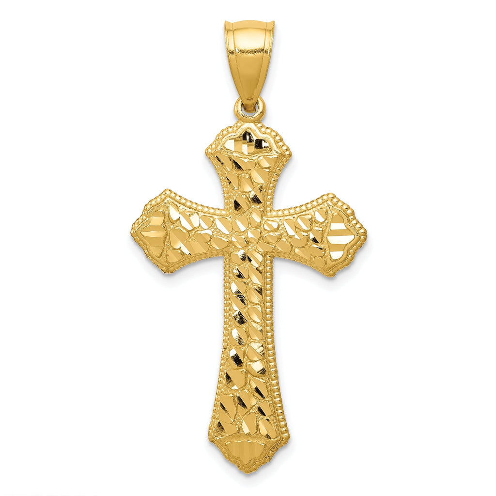 14K Gold Diamond-Cut Budded Cross Pendant with Polished Finish