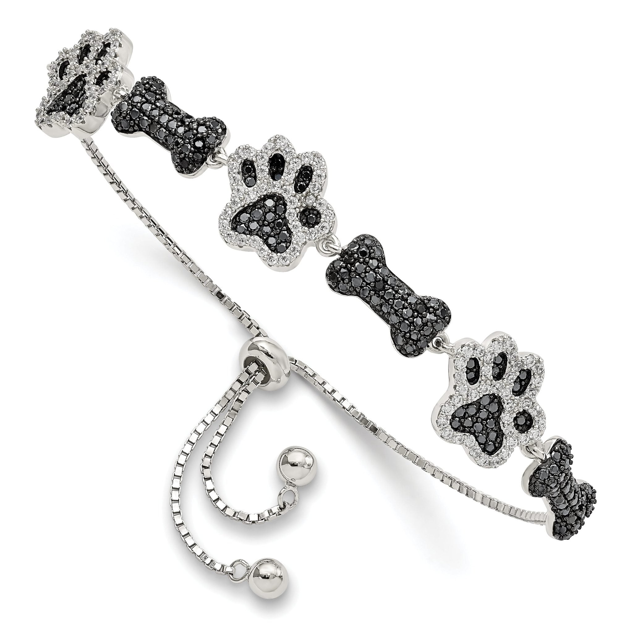 Sterling Silver Rhodium-plated CZ Paw Print & Dog Bone Adj Bracelet Main image